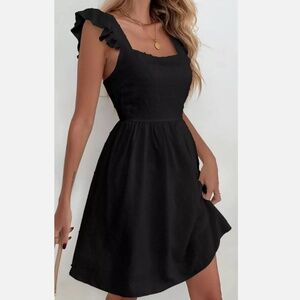 VCAY Ruffle Trim Swiss Dot Shirred Back Dress Black Size Large 8/10